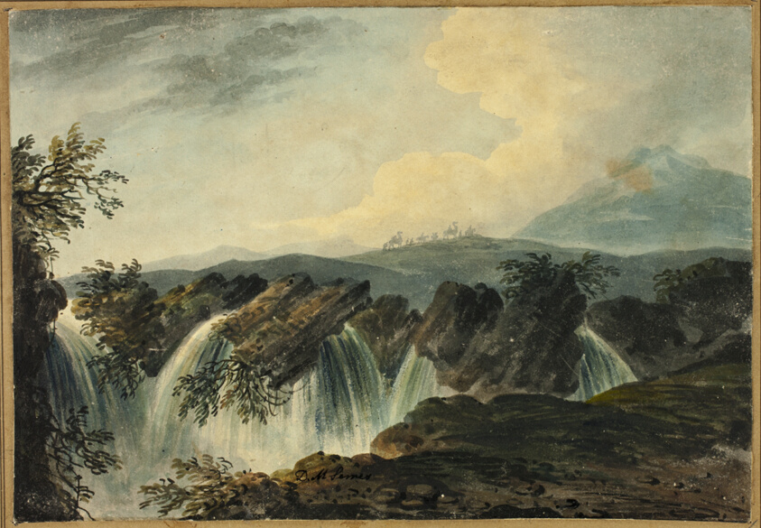 Camel Caravan Crossing Plane Above Waterfall