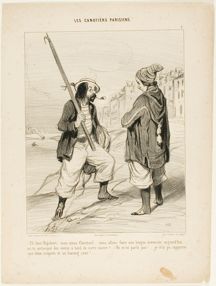 “- All right Rigobert, my old friend.... we are going to make a long trip today.... did you bring enough provisions on board of our vessel? - Don't talk about it.... all I was able to bring along are two biscuits and a red herring,” plate 1 from Les Canotiers Parisiens