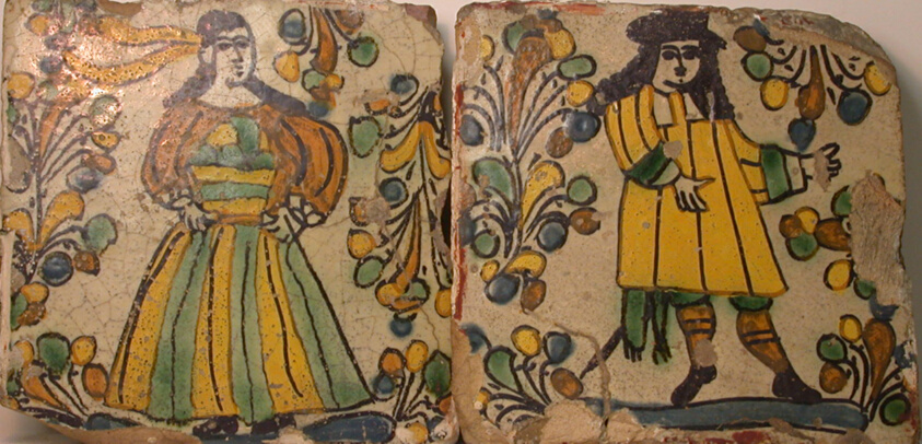 Polychrome Tiles Depicting Male and Female Figures in Contemporary Dress Surrounded by Abstract Foliage