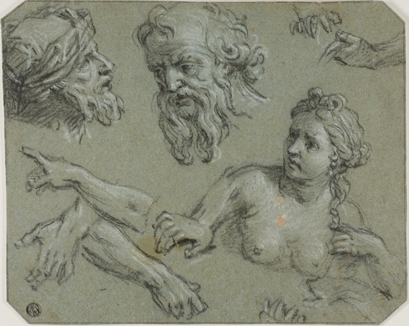 Sketches of Half-Length Female Nude, Male Heads, Arms