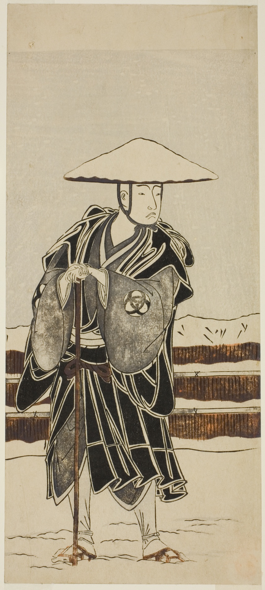 The Actor Bando Mitsugoro I as Abbot Saimyo-ji Tokiyori, Disguised as a Monk, in the Joruri "Onna Hachi no Ki" (A Female Version of "The Potted Trees") from Part Two of the Play Onna Aruji Hatsuyuki no Sekai (A Woman as Master: The World of the First Snow), Performed at the Morita Theater from the First Day of the Eleventh Month, 1773