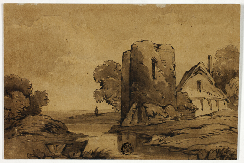 Cottage and Ruined Tower near Stream