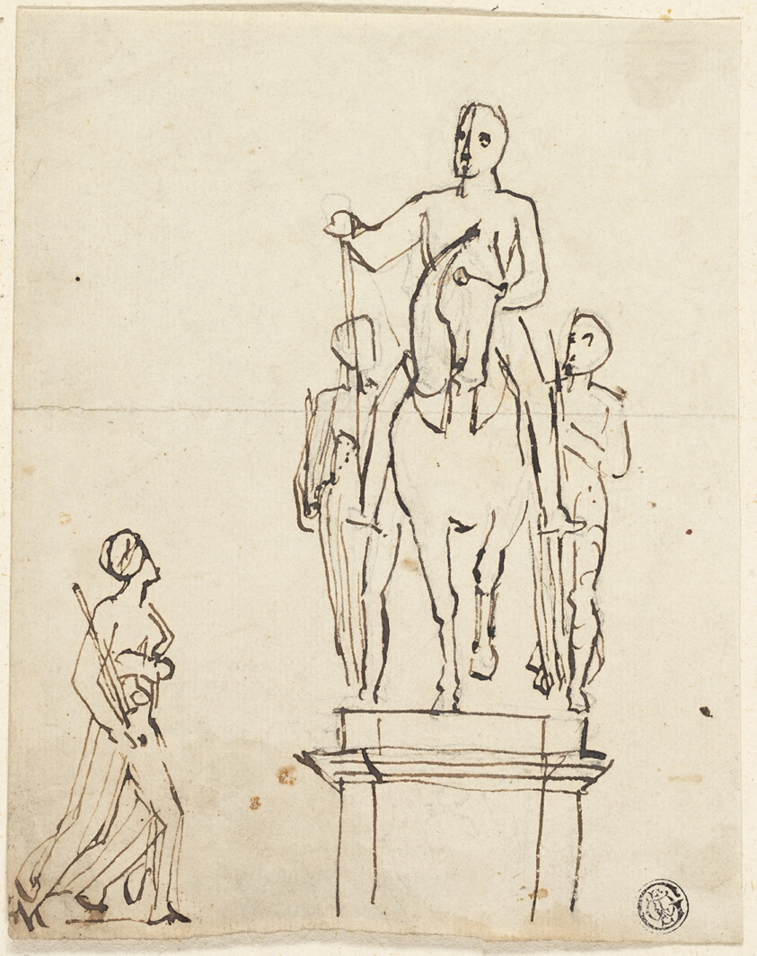 Sculpture of Horseman Accompanied by Two Standing Figures, with Sketch of One of Latter