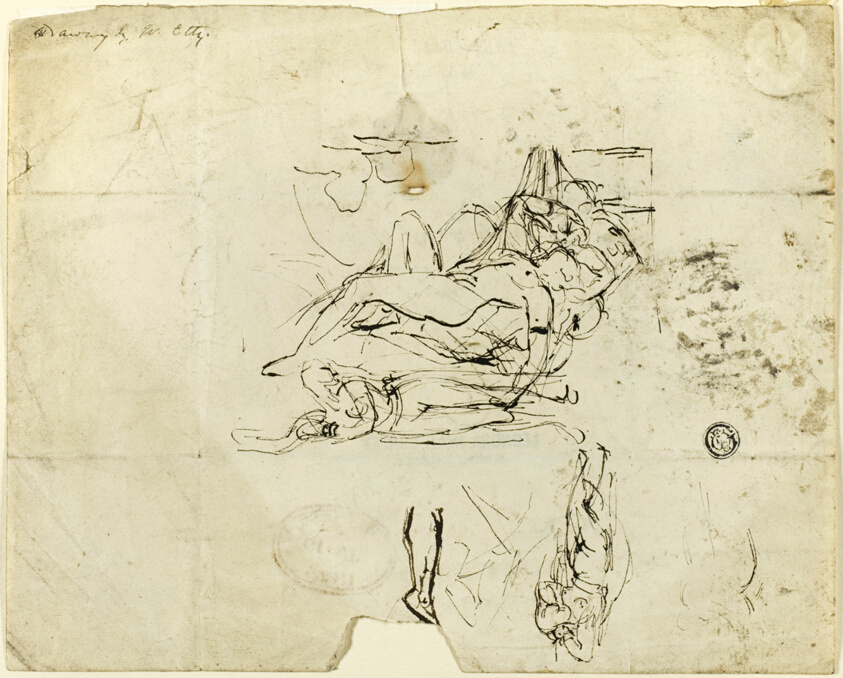 Sketches of Reclining Female Nude and Amorous Couple