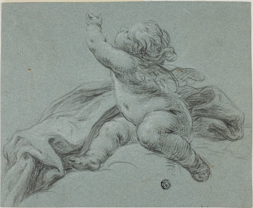 Putto Seated Beside Drapery, Reaching Upwards