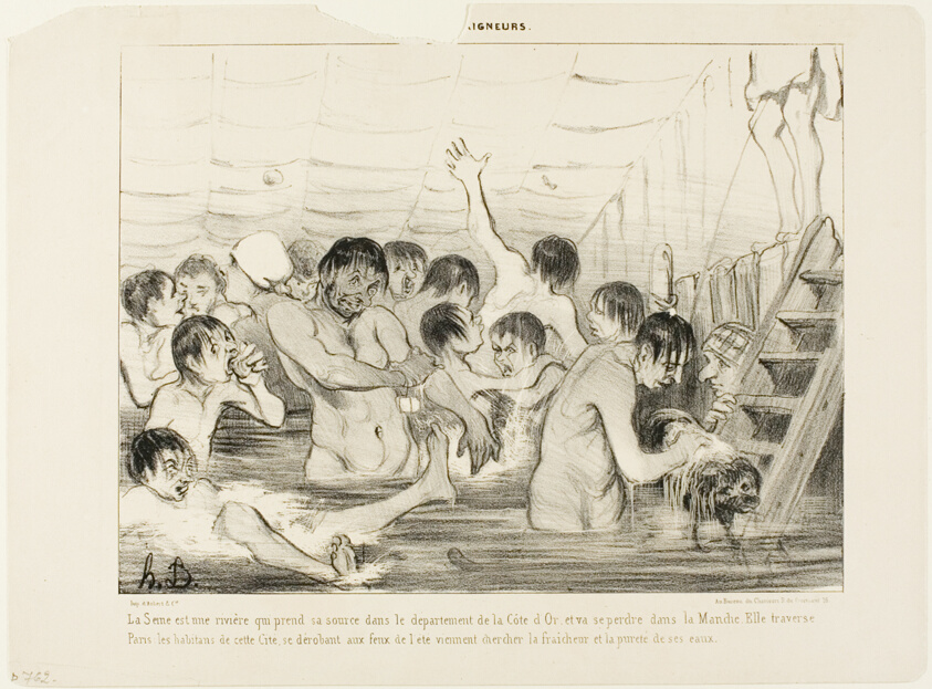 The source of the Seine is the Cote d'Or, and it empties into the Channel. On its way it traverses Paris where the inhabitants escape the summer's heat and try to find freshness and purity in this river, plate 3 from Les Baigneurs