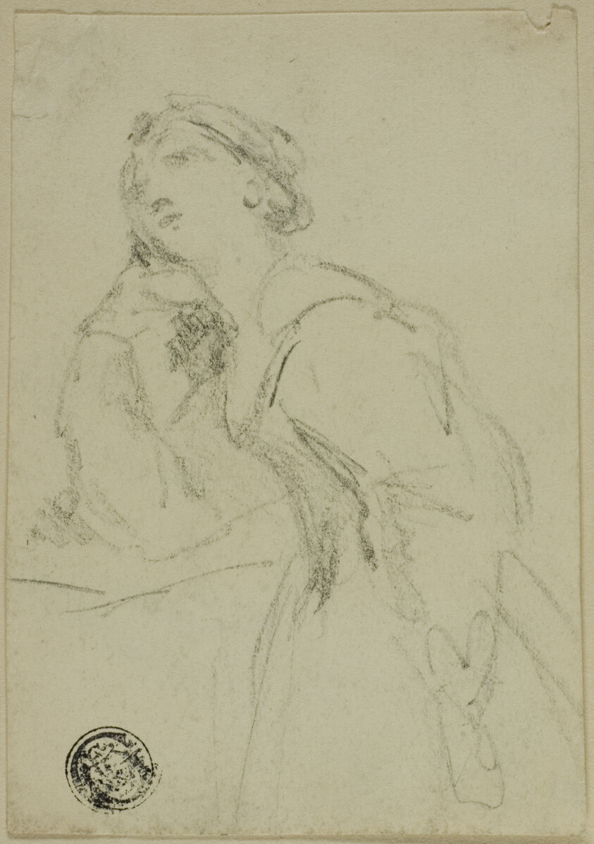Three-Quarter Length Sketch of Woman in Evening Dress Leaning Head on Right Hand