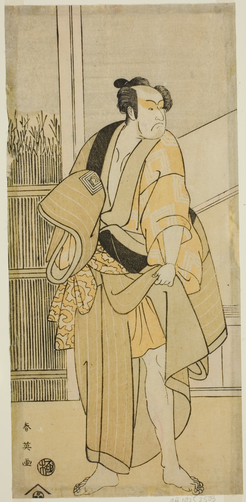 The Actor Ichikawa Monnosuke II as Hiranoya Tokubei (?) in the Play Waka Murasaki Edokko Soga (?), Performed at the Ichimura Theater (?) in the Third Month, 1792 (?)