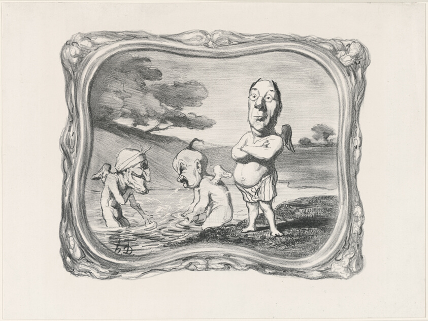 Neighborhood nymphs, come discreet nymphs Laboulie in these places arrayed with his glasses, Shows himself to your glances in uncovered masses A young journalist who, leaving the unsullied water having hardly given his signature Dries his fine torso in the sun, plate 5 from Idylles Parlementairesa