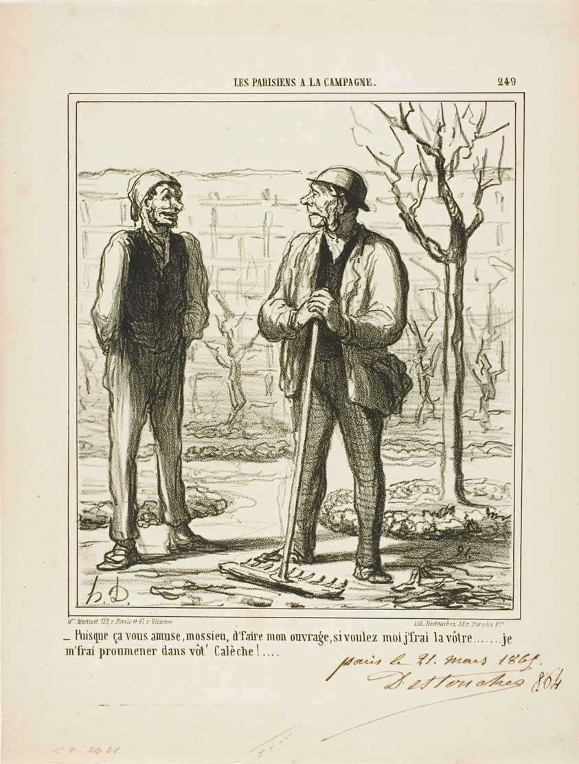 “- You seems to enjoy doing my work. In exchange I could offer doing your job: I will go for a ride in your coach!,” plate 249 from Les Parisiens A La Campagne