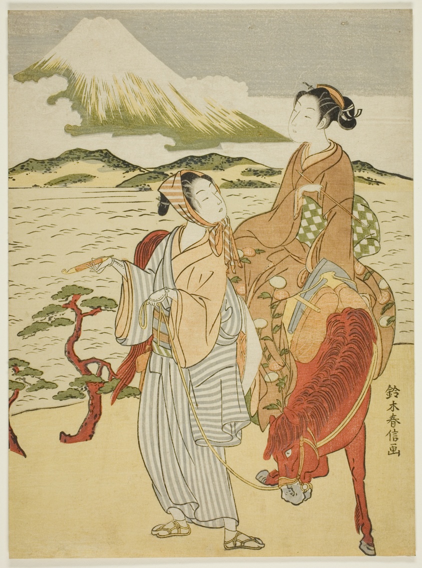 Pausing to admire Mt. Fuji (parody of Ariwara no Narihira's journey to the east)