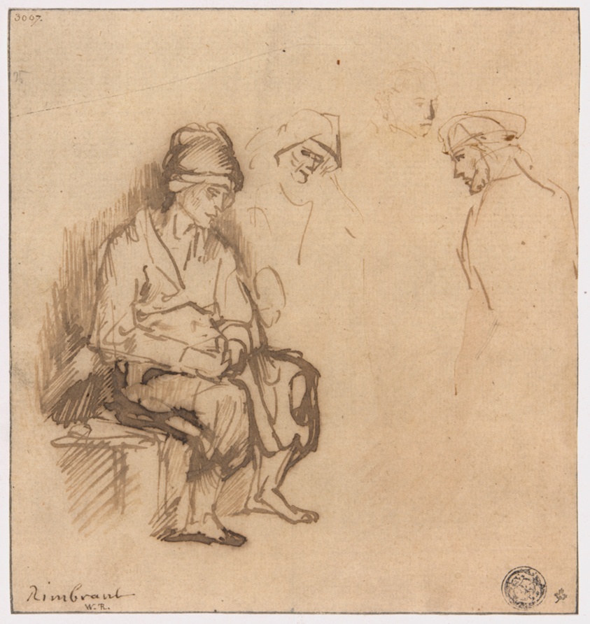 Woman Seated on Bench and Three Sketches of Heads