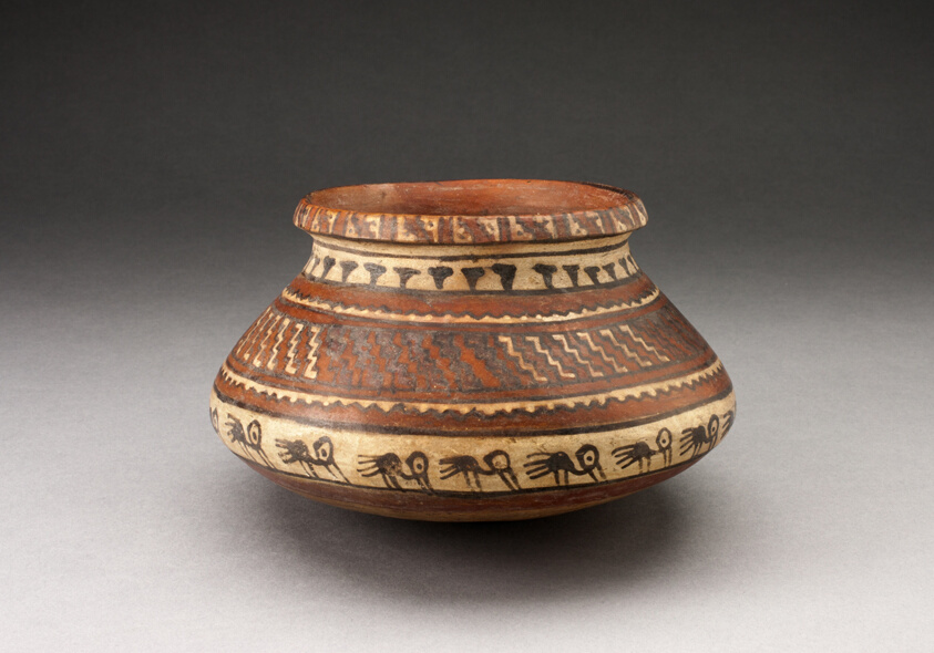 Jar with Bands of Geometric Motifs and Abstract Birds