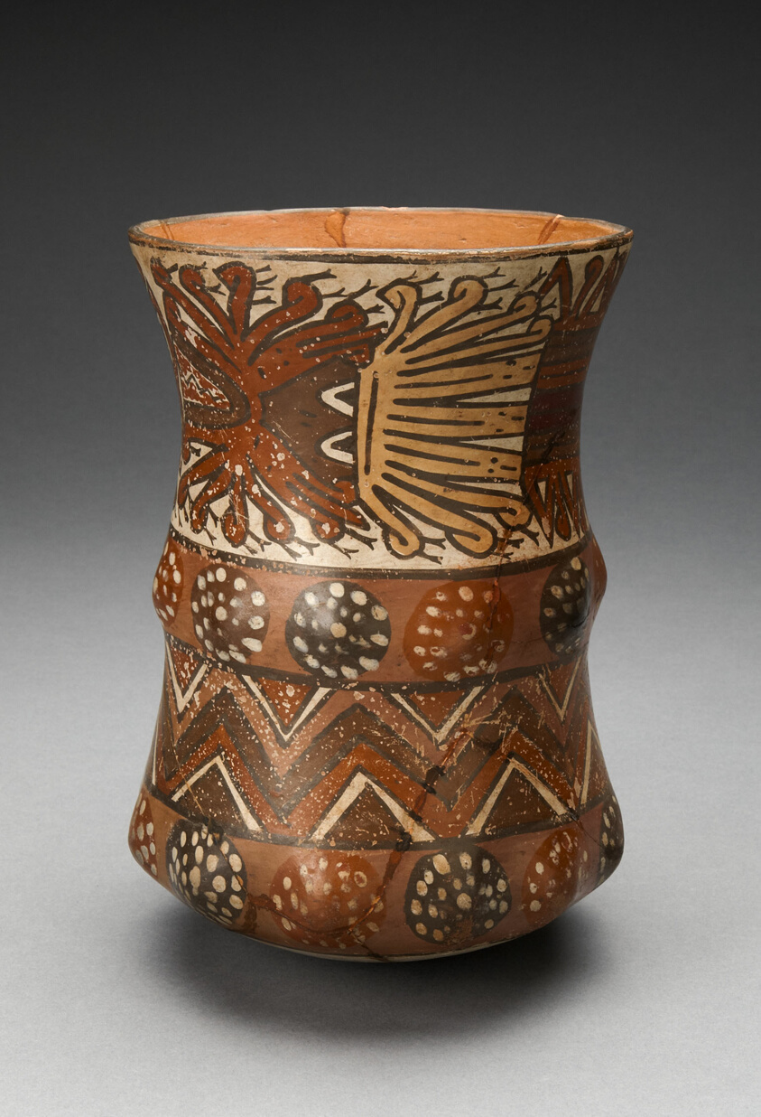 Curved Beaker with Rows of Abstract Masks and Geometric Motifs
