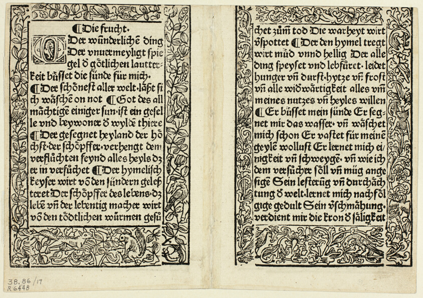 Devotional passages with ornamental borders from Andächtig Zeitglöcklein des Leben und Leidens Christi, Plate 17 from Woodcuts from Books of the 15th Century