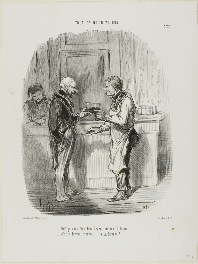 “- Whatever became of you, Mr. Brown? - I became an unlicensed broker at the Stock Exchange...,” plate 29 from Tout Ce Qu'on Voudra