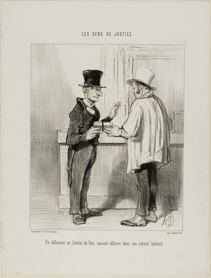 A defence lawyer at the Court of Arbitration discussing business at his usual office premises, plate 27 from Les Gens De Justice