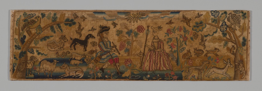 Needlework Panel Depicting Figures in a Pastoral Scene