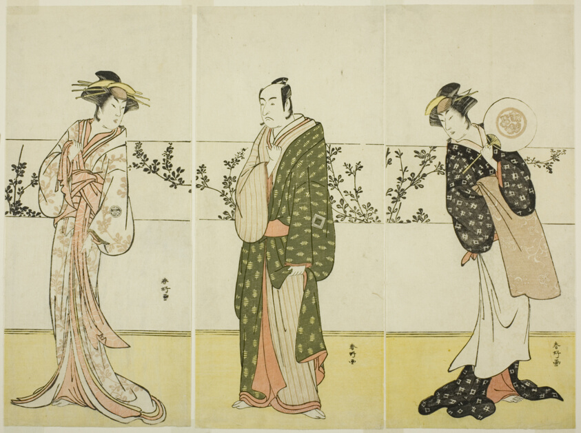 The Actors Osagawa Tsuneyo II (right), Ichikawa Monnosuke II (center), and Segawa Kikunojo III (left), Possibly as Misao Gozen, Matsuya Soshichi, and the Courtesan Kojoro of Hakata, in the Play Chiyo no Hajime Ondo no Seto (Beginnings of Eternity: The Ondo Straits in the Seto Insland Sea) (?), Performed at the Kiri Theater from the Twenty-seventh Day of te Seventh Month, 1785
