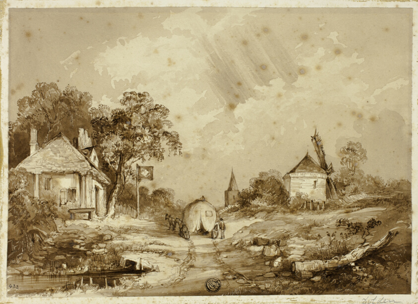 Cart on Road Flanked by Inn and Windmill