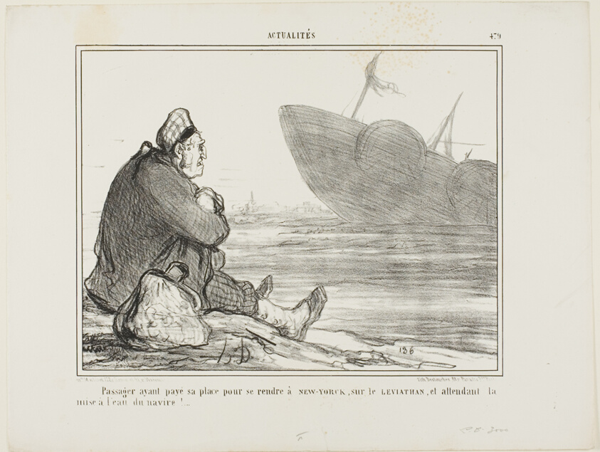 A passenger having paid his ticket to NEW YORK on the LEVIATHAN, waiting for the ship finally being put into the water, plate 479 from Actualités
