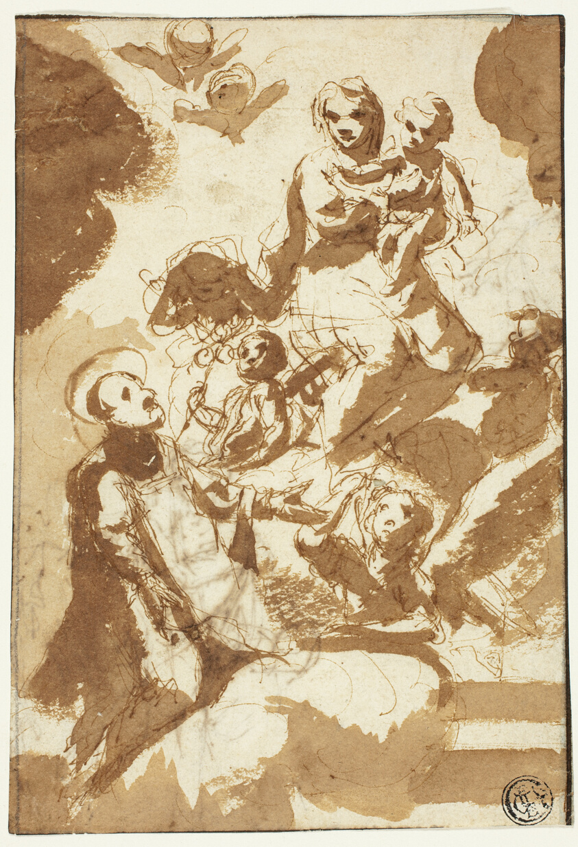 Virgin and Child on Clouds with Kneeling Male Saint (recto); Sketch of Two Female Figures (verso)