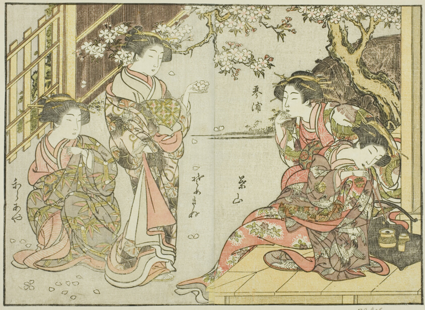 Courtesans of the Asahimaruya, from the book "Mirror of Beautiful Women of the Pleasure Quarters (Seiro bijin awase sugata kagami)," vol. 1
