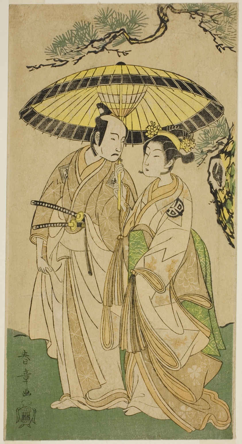 The Actors Arashi Hinaji I (right), and Ichikawa Komazo II (left), as Princess Sakura (Sakura Hime) (?) and Shimizu Tonoinosuke (?), in the Play Soga Moyo Aigo no Wakamatsu (?), Performed at the Nakamura Theater (?) in the Third Month, 1769 (?)