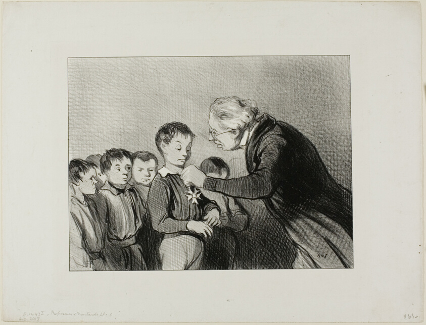 “- Mr. Alfred Cabassol! You are the only one in the class who succeeded to get through the entire week without blowing your nose into your sleeve. Please stand to receive this prize of honour for cleanliness,” plate 6 from Professeurs Et Moutards