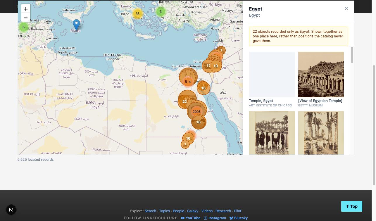 The Egypt marker's panel: a photo grid of nineteenth-century views, docked beside a still-visible, still-pannable map
