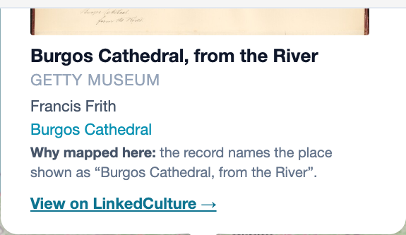 A popup's always-visible "Why mapped here" line, for a case where the record does name the place directly: "Burgos Cathedral, from the River"